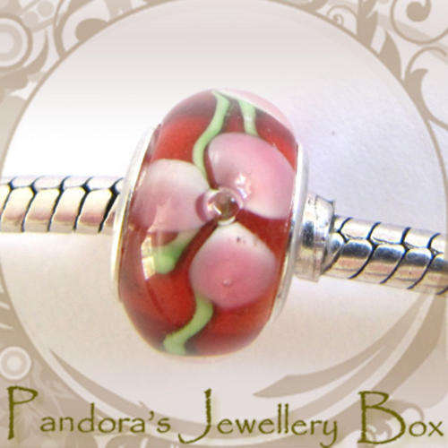 "Flowers of Love" MURANO Bead Charm with Sterling Silver Core for PANDORA Bracelet