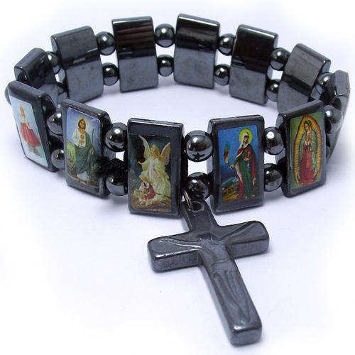 Holy Christian Icon Bracelet - Hematite Beads (Elastic)