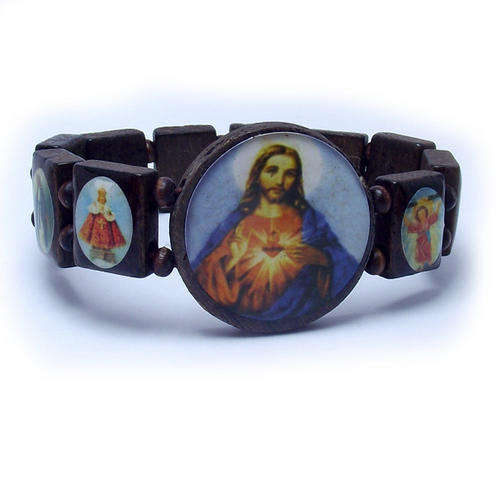 Holy Christian Icon Bracelet - Wooden Beads (Elastic)