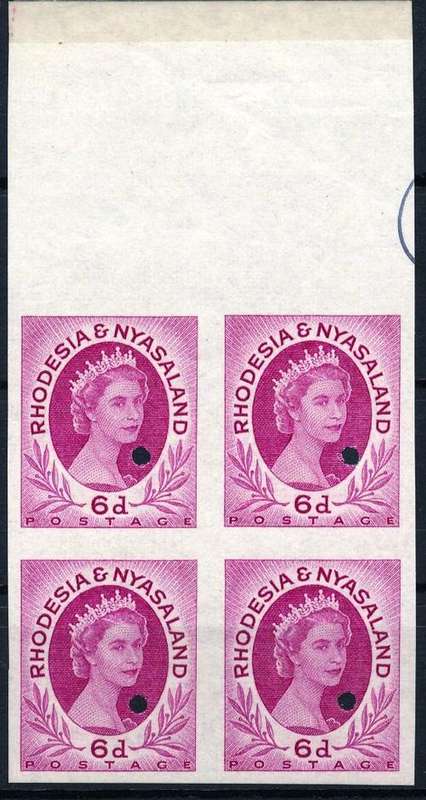 RHODESIA & NYASALAND - RARE 6d MARGINAL BLOCK OF 4 - ARCHIVAL PROOFS HIGH VALUE INVESTMENT