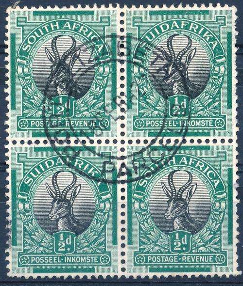 SA UNION - SUPERB BLOCK OF FOUR - PRETORIA PRINTINGS - SACC 29P - BRILLIANT POSTMARK