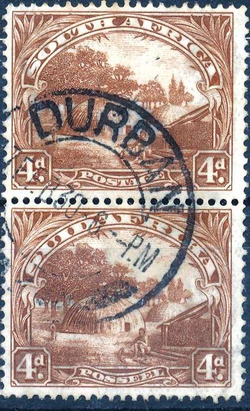SA UNION - LONDON PRINTINGS - 4d VERTICAL PAIR - GOOD DURBAN CANCEL - SACC35 - VIEW BELOW (X)