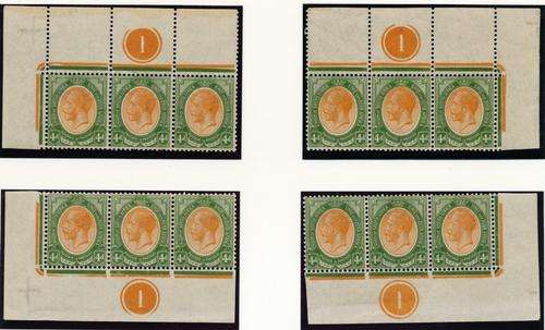 SA UNION - KINGS HEADS - 4d PLATE NUMBER 1 - ALL FOUR CORNERS (TRIPLETS) - SCARCE! - VAL  R 3,600.00
