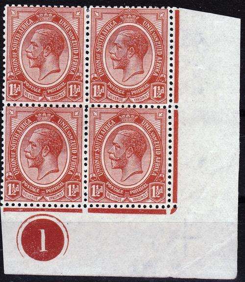 SA UNION - KINGS HEADS CONTROLS - 1 1/2d PLATE 1 BLOCK OF 4 - READ BELOW - CV = R 620.00