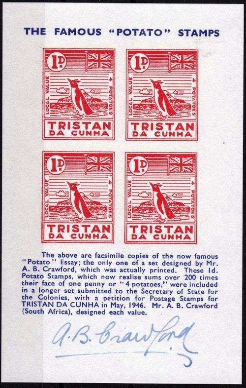 TRISTAN DA CUNHA - THE FAMOUS "POTATO" STAMP - DESIGNED BY AB CRAWFORD & AUTOGRAPHED BY HIM (X)
