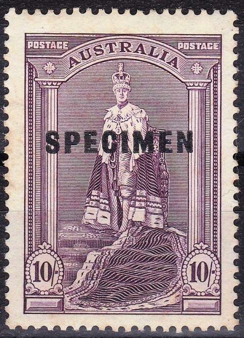 AUSTRALIA - 1937 - KGVI - 10 SHILLINGS - "SPECIMEN" - LIGHTLY MOUNTED - CV = R 545.00 - VIEW (AUS)