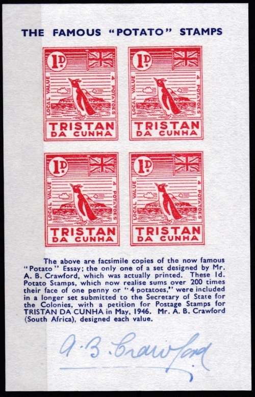 TRISTAN DA CUNHA - THE FAMOUS "POTATO" STAMP - DESIGNED BY AB CRAWFORD & AUTOGRAPHED BY HIM