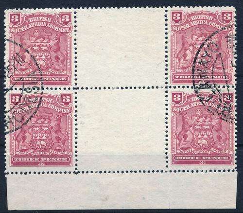 BRITISH SOUTH AFRICA COMPANY - 3d PHENOMINAL VERTICLE GUTTER BLOCK OF 4