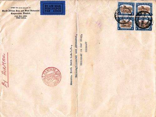 SA - A RARE COVER FROM 1934 - TWO HORIZONTAL PAIRS OF 1/- - READ BELOW