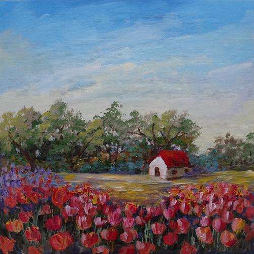 Special !!! Bids start with R1.00 !!! Acrylic Painting by Joy Clark "Tulip Field"