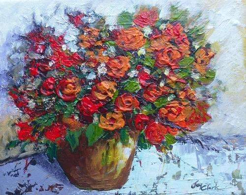 Wednesday Special !!!  Ready to Hang Acrylic Painting by Joy Clark "Vase with little Roses"