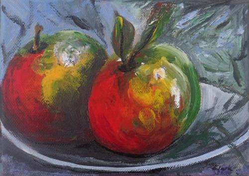 Wednesday Special !!!  Acrylic Painting by Joy Clark "Apples on Plate" 5 x 7 cm
