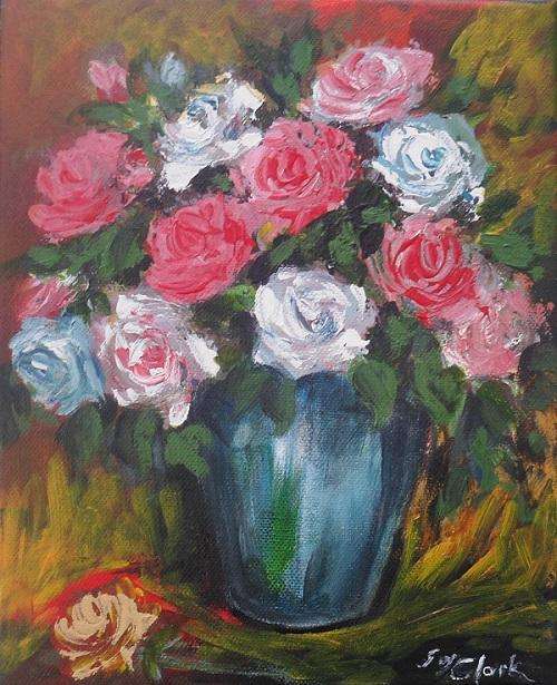 Wednesday Special !!!  Acrylic Painting by Joy Clark "Vase with Mixed Roses" 20 x 25 cm