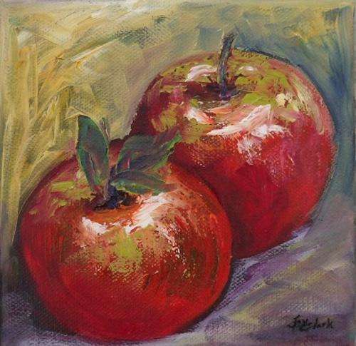 CRAZY SPECIAL!!! "Apples Two" LITTLE Oil Painting by Joy Clark - Size: 15 x 15cm