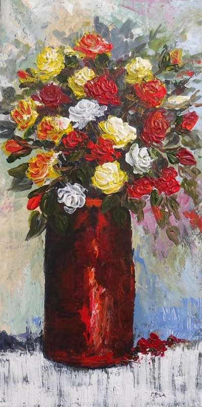 CRAZY SPECIAL!!!   - Size: 25 x 50 cm Acrylic Painting by Joy Clark - "Roses in Earthenware Pot"
