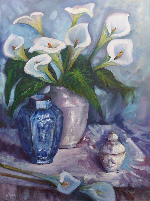 45 x 60 cm Oil Painting - "Arum Lilies & Ginger Jars"  by Joy Clark