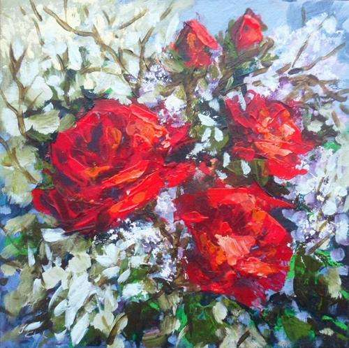 Special...!!! "Red Roses in the Garden 03" Acrylic Painting by Joy Clark 25 x 25 cm