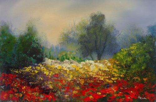 Special...!!! "Flower Field" Oil Painting by Joy Clark 24 x 37 cm