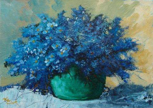 Special...!!! "Forget-me-Nots" Acrylic Painting by Joy Clark 17 x 25cm