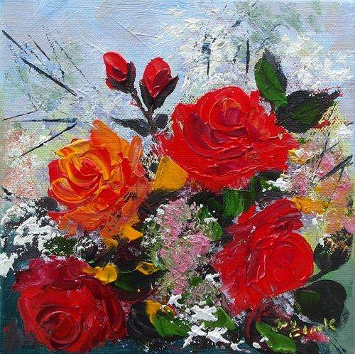Crazy Special...!!!  Acrylic painting by Joy Clark "Roses in the Garden 02" READY TO HANG 15 x 15cm