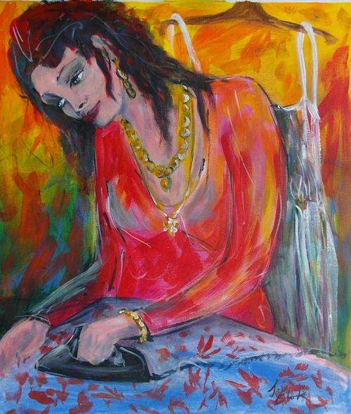 Weekend Special...!!!  Acrylic painting by Joy Clark "Ironing Day" 42x49 cm