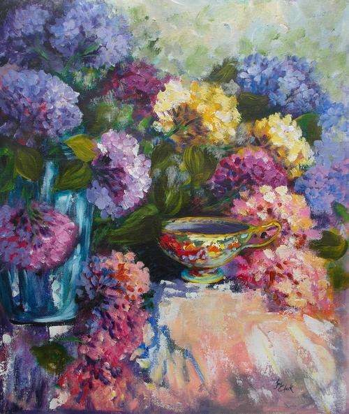 Acrylic painting by Joy Clark "Hydrangeas & Tea Cup" 41x48 cm