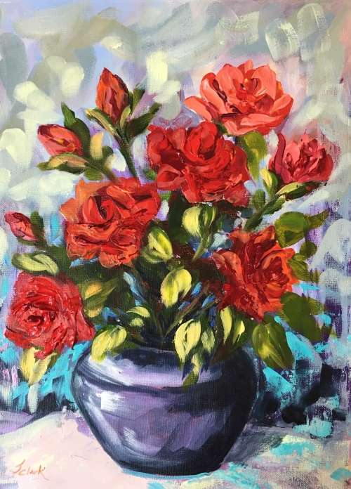 "Vase with Roses" Original Painting by S.A. Artist, Joy Clark