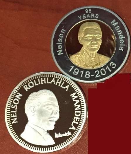 MANDELA MEDALS - silver plated - OLD COAT OF ARMS + MANDELA 95TH BIRTHDAY BI-METAL - 2 BIDS 2 MED