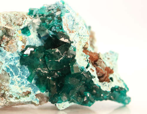 Dioptase on Shattuckite on matrix, Kaokoveld Region, Namibia