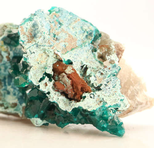 Dioptase on Shattuckite on matrix, Kaokoveld Region, Namibia