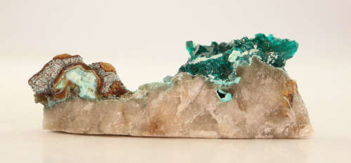 Dioptase on Shattuckite on matrix, Kaokoveld Region, Namibia