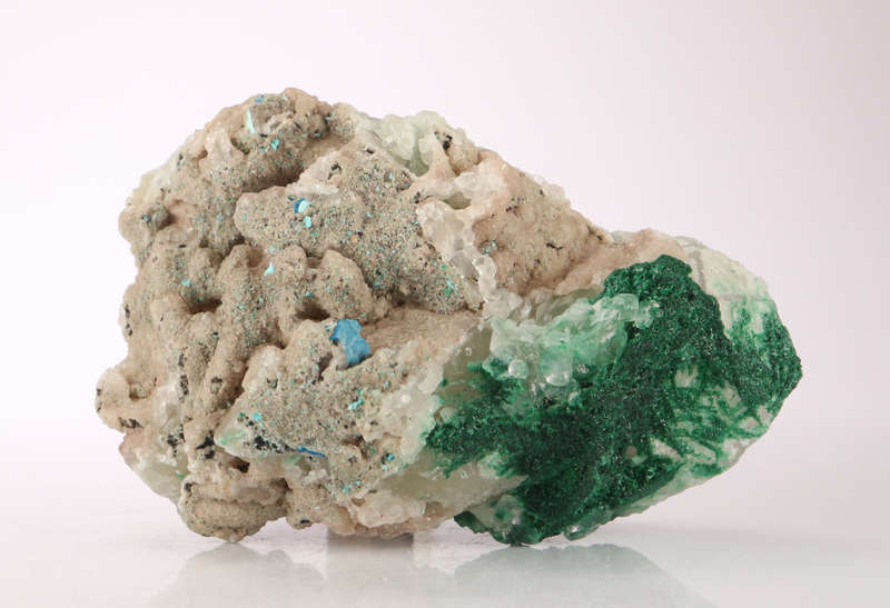 Malachite, Shattuckite on Calcite, Mashamba West Mine, DRC