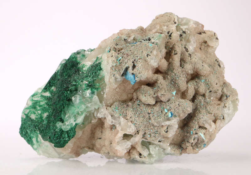 Malachite, Shattuckite on Calcite, Mashamba West Mine, DRC