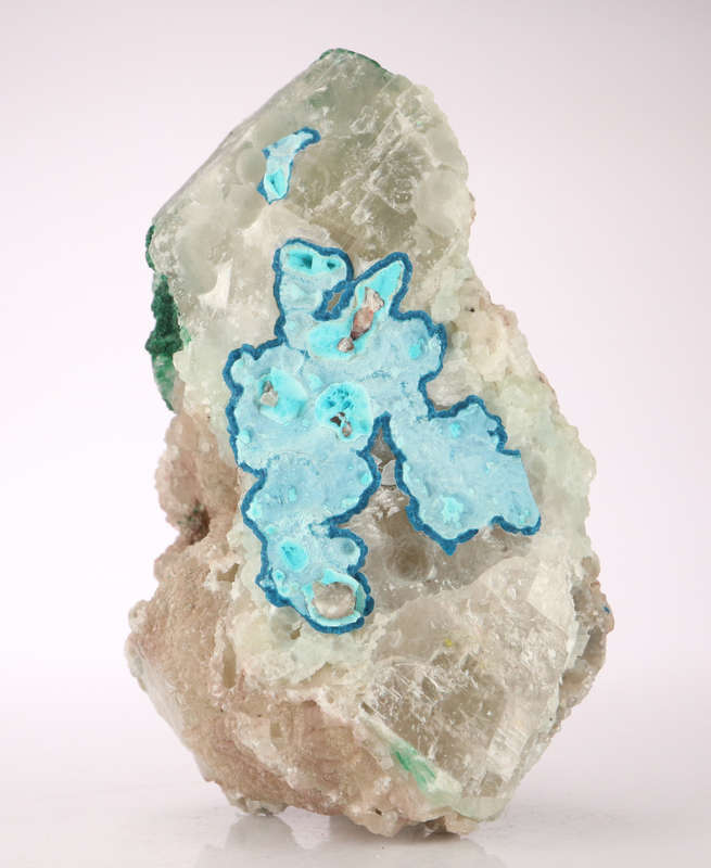 Malachite, Shattuckite on Calcite, Mashamba West Mine, DRC