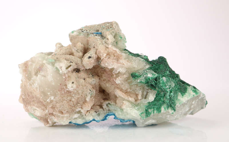 Malachite, Shattuckite on Calcite, Mashamba West Mine, DRC