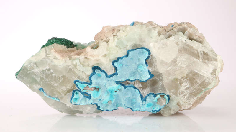 Malachite, Shattuckite on Calcite, Mashamba West Mine, DRC