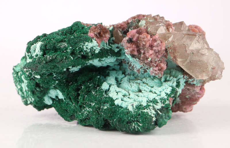 Malachite on Cobaltoan Calcite on Matrix, Mashamba West Mine, DRC