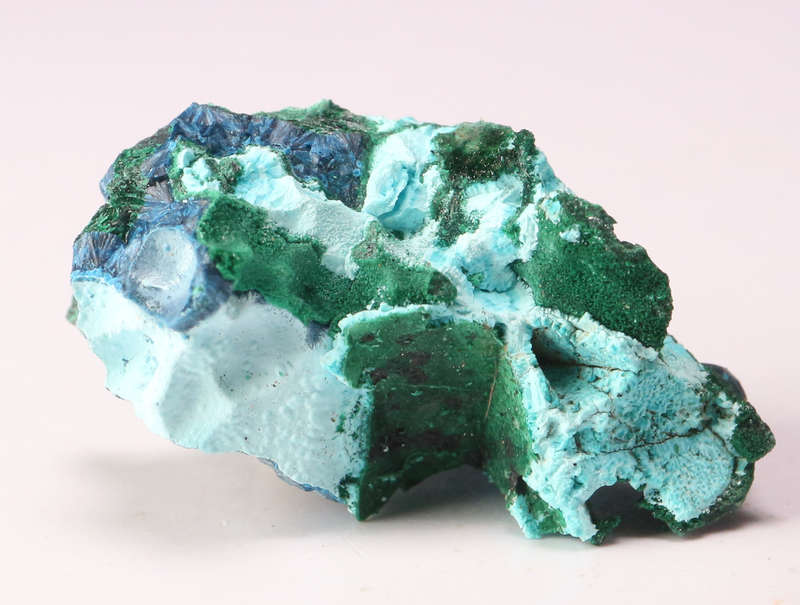 Shattuckite on Malachite with Calcite, Tantara Mine, DRC