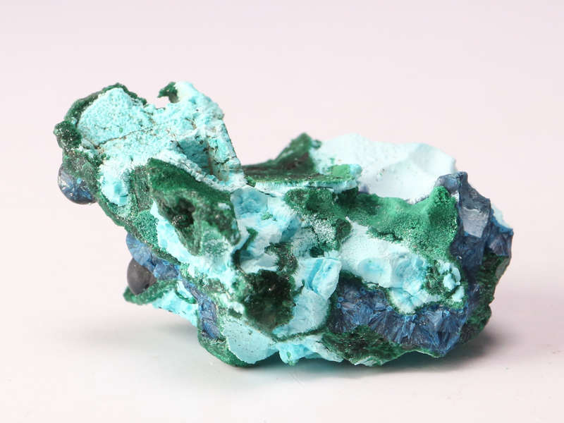 Shattuckite on Malachite with Calcite, Tantara Mine, DRC