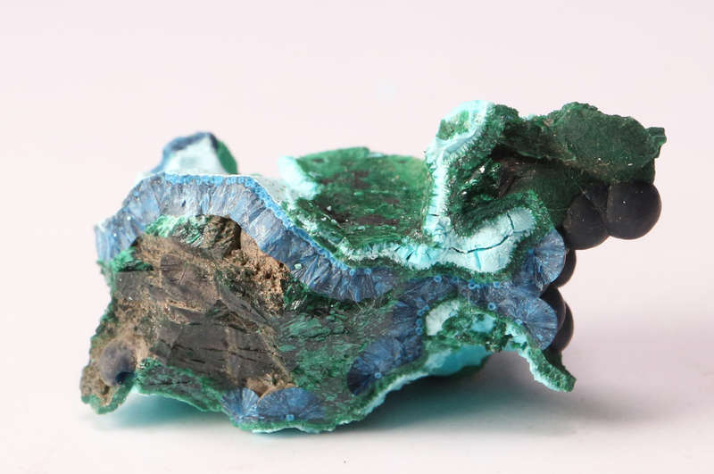 Shattuckite on Malachite with Calcite, Tantara Mine, DRC