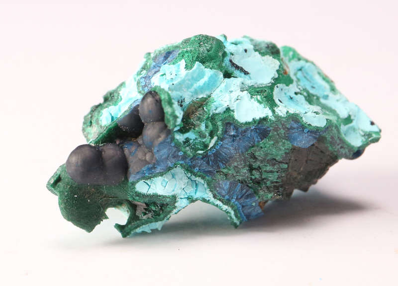 Shattuckite on Malachite with Calcite, Tantara Mine, DRC