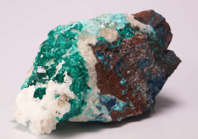Calcite on Dioptase on Matrix, Tantara Mine, DRC