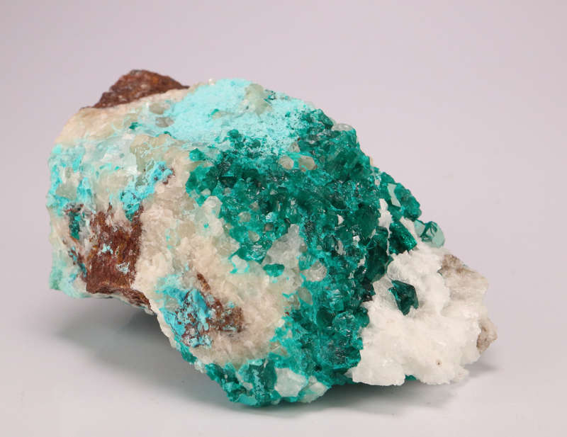 Calcite on Dioptase on Matrix, Tantara Mine, DRC