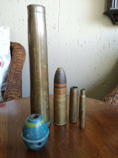 DEACTIVATED MILITARIA SHELLS. AND GRENADE.