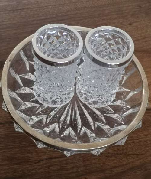 SILVER RIMMED BON BON DISH AND TOOTH PICK HOLDERS.