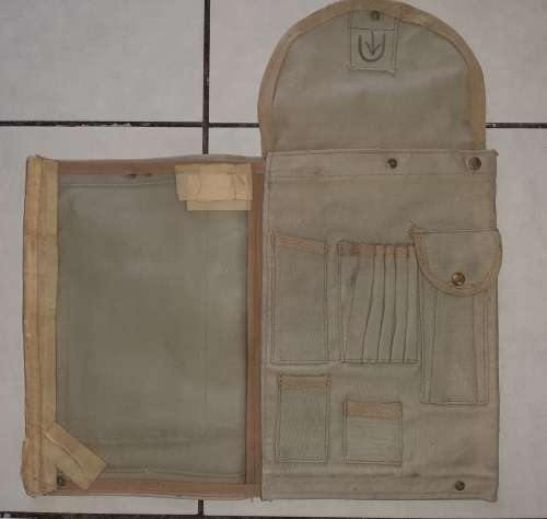 Old military stationery and map bag with maps