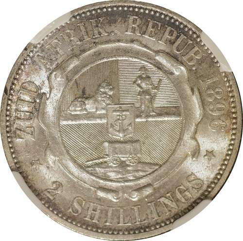 PAUL KRUGER ZAR 1896 TWO SHILLINGS (2S) GRADED BY NGC MS62