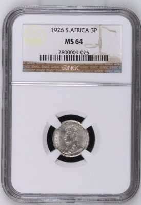 UNION OF SOUTH AFRICA 1926 THREEPENCE NGC MS 64