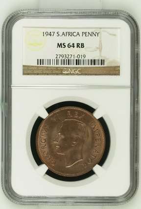 UNION OF SOUTH AFRICA 1947 PENNY GRADED MS64RB BY NGC