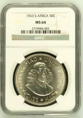 REPUBLIC OF SOUTH AFRICA 1963 FIFTY CENT GRADED MS64 BY NGC